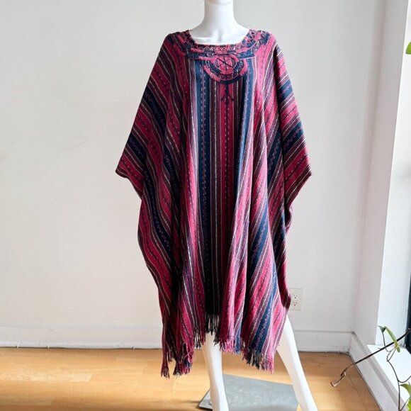 Vintage Ethnic Burgundy Blue Embroidered Poncho OS - Picture 1 of 6